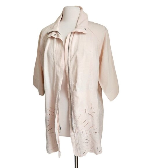 Chico’s 100% Linen Jacket Women’s  Zip Long Size 2 M 12  Eyelet Cutouts Pink‎ - Picture 2 of 16